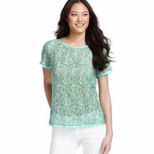 Ann Taylor LOFT mint floral lace keyhole blouse